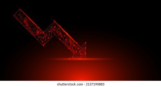 Economic critical crisis concept. A low polygon with a wireframe of the lower arrow and shiny red background. Recession financial, cryptocurrency, gold, and the stock market. Losing money and cash. 

