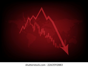 Economic critical crisis concept.  low polygon with a wireframe of the lower arrow and shiny on red world map background. Recession financial, cryptocurrency, gold, and the stock market. Losing money 