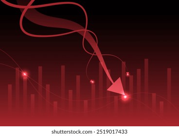 Economic critical crisis concept. The lower arrow and shiny on red background. Recession financial, cryptocurrency, gold, and the stock market. Losing money and cash. 

