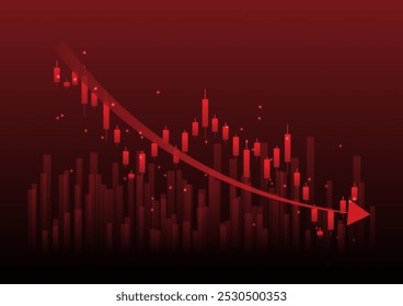 Economic critical crisis concept. The lower line graph and shiny on red background. Recession financial, cryptocurrency, gold, and the stock market. Losing money and cash. Bearish.

