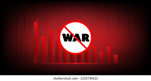 Economic Critical Crisis Concept. Stop War Tag With The Red Graph Drops Down And Charts On A Red Background. Recession Financial, Cryptocurrency, Gold, And The Stock Market. Losing Money And Cash. 