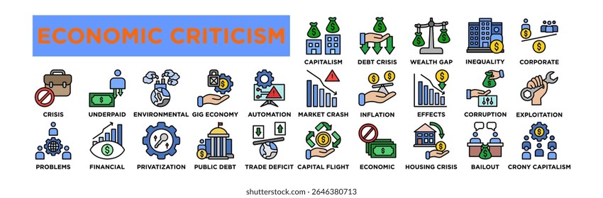 conjunto de ícones de crítica econômica. Coleção Editável De Ícones De Traçado. Repartição Do Capitalismo, Crise Da Dívida, Desvio De Riqueza, Desigualdade Econômica, Ganância Das Empresas, Queda Do Mercado, Problemas De Inflação, Efeitos De Recessão, Banco