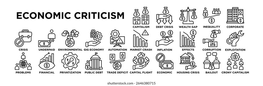 conjunto de ícones de crítica econômica. Coleção Editável De Ícones De Traçado. Repartição Do Capitalismo, Crise Da Dívida, Desvio De Riqueza, Desigualdade Econômica, Ganância Das Empresas, Queda Do Mercado, Problemas De Inflação, Efeitos De Recessão, Banco