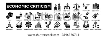 economic criticism icon set. Editable Stroke Icon Collection. Capitalism Breakdown, Debt Crisis, Wealth Gap, Economic Inequality, Corporate Greed, Market Crash, Inflation Woes, Recession Effects, Bank