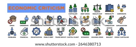 economic criticism icon set. Editable Stroke Icon Collection. Capitalism Breakdown, Debt Crisis, Wealth Gap, Economic Inequality, Corporate Greed, Market Crash, Inflation Woes, Recession Effects, Bank