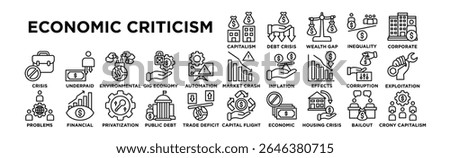 economic criticism icon set. Editable Stroke Icon Collection. Capitalism Breakdown, Debt Crisis, Wealth Gap, Economic Inequality, Corporate Greed, Market Crash, Inflation Woes, Recession Effects, Bank