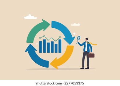 Economic cycle to study up and down on stock market, booming or recession, business cycle for marketing, statistic or data analysis concept, businessman with magnifier on economic cycle diagram. - Shutterstock ID 2277053375