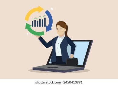 Ciclo económico para estudiar la subida y bajada del mercado de valores, boom o marketing, concepto de análisis de datos, empresaria analizando los resultados del diagrama de ciclo económico.