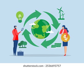 Ciclo econômico,Empresários com lupa no ciclo econômico para investimentos em energia renovável ambiental ecoeconomia sustentabilidade conceito vetor ilustração