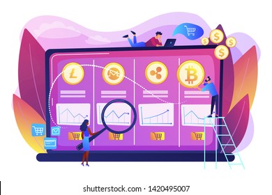 Análisis de datos económicos, cálculo del valor de mercado. mostrador de operaciones de criptodivisa, plataforma de futuros de bitcoin, concepto de servicios oficiales de intercambio de criptografía. Ilustración aislada del vector violeta brillante brillante brillante brillante