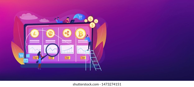 Economic data analysis, market value calculation. Cryptocurrency trading desk, bitcoin futures platform, official crypto exchange services concept. Header or footer banner template with copy space.