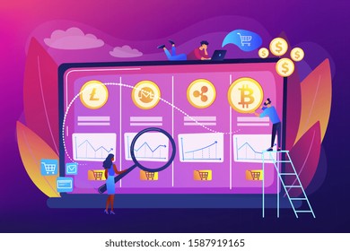 Economic data analysis, market value calculation. Cryptocurrency trading desk, bitcoin futures platform, official crypto exchange services concept. Bright vibrant violet vector isolated illustration