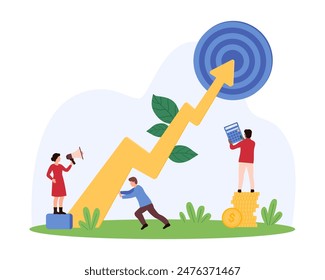 Economic development, focus on business growth and financial profit, success opportunity. Tiny people holding up arrow chart to target and calculator, work hard together cartoon vector illustration