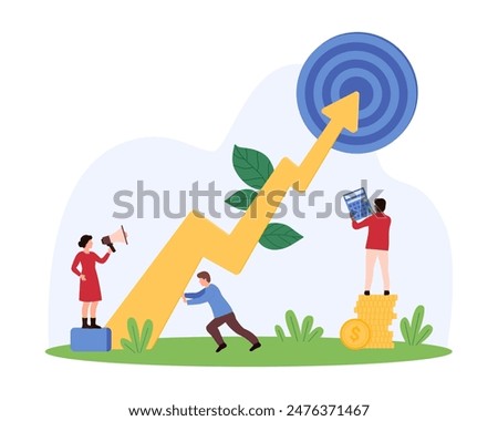Economic development, focus on business growth and financial profit, success opportunity. Tiny people holding up arrow chart to target and calculator, work hard together cartoon vector illustration