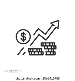 Symbol für wirtschaftliche Entwicklung, Finanzwachstum, Daten aus dem Forschungsgeschäft, Einziehung oder Steigerung von Einkommen, Karteninvestitionen, Haushaltsprüfung, Symbol für dünne Linie - bearbeitbare Schlagzeile, Vektorgrafik