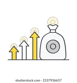 Icono del desarrollo económico: flechas de crecimiento con bolsa de dinero que simbolizan el progreso económico y la prosperidad