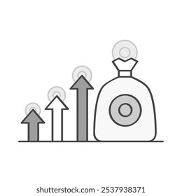 Icono del desarrollo económico: flechas de crecimiento con bolsa de dinero que simbolizan el progreso económico y la prosperidad