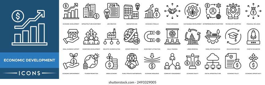 Economic Development icon. Economic Development, Infrastructure Investment, Job Creation, Innovation Hub, Economic Stimulus, Trade Expansion, Sustainable Development and Entrepreneurship Ecosystem