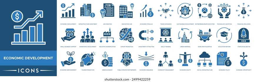 Economic Development icon. Economic Development, Infrastructure Investment, Job Creation, Innovation Hub, Economic Stimulus, Trade Expansion, Sustainable Development and Entrepreneurship Ecosystem