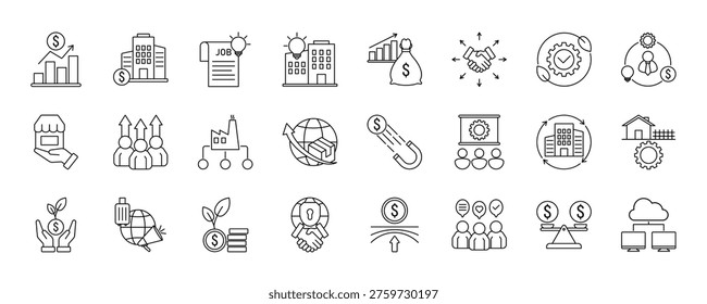 Economic Development icon. Economic Development, Infrastructure Investment, Job Creation, Innovation Hub, Economic Stimulus, Trade Expansion, Sustainable Development and Entrepreneurship Ecosystem