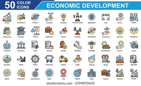 Economic Development Icon Set Collection. Containing Growth, development, economy, investment, innovation, entrepreneurship, trade, finance, regional, marketing, Simple Color Vector Illustration.