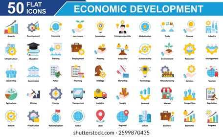 Economic Development Icon Set Collection. Containing Growth, development, economy, investment, innovation, entrepreneurship, trade, finance, regional, marketing, Simple Flat Vector Illustration.