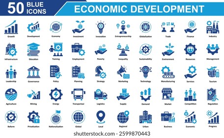 Economic Development Icon Set Collection. Containing Growth, development, economy, investment, innovation, entrepreneurship, trade, finance, regional, marketing, Simple Blue Vector Illustration.