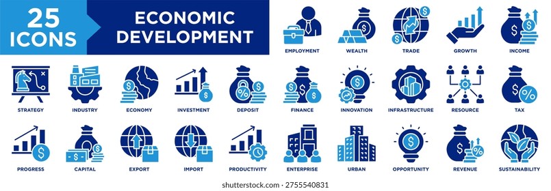Economic Development Icon Set Collection. Icon Pack Contain Finance, Investment, Income, Wealth, Industry, Trade, Innovation, Productivity, Economy, Import, Export
