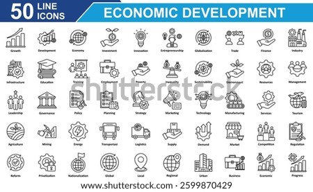 Economic Development Icon Set Collection. Containing Growth, development, economy, investment, innovation, entrepreneurship, trade, finance, regional, marketing, Simple Line Vector Illustration.