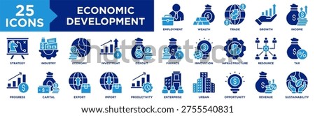 Economic Development Icon Set Collection. Icon Pack Contain Finance, Investment, Income, Wealth, Industry, Trade, Innovation, Productivity, Economy, Import, Export