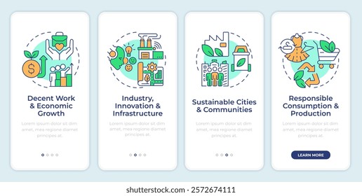 Economic development onboarding mobile app screen. Walkthrough 4 steps editable graphic instructions with linear concepts. UI, UX, GUI template