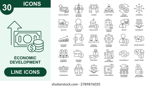 Economic Development, Outline Vector Icons. Editable Stroke Icons Set. capital growth, economy network, funding, team work, income generation, expansion, analysis, investment search, public invest, strategy finance, report, partnership, economic growth, money exchange, financial discussion, economic network and more.