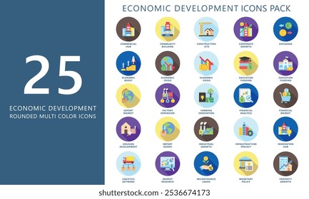 Economic development rounded color icons set. contain construction site, crisis, exchange, investment, innovation, export and more. Vector EPS 10 for UI or UX kit, web and app, business, finance.