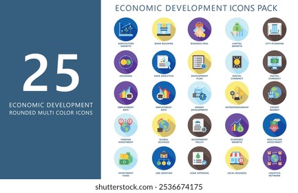 Desenvolvimento econômico conjunto de ícones coloridos arredondados. contém dinheiro digital, exportação, análise, desenvolvimento, troca, investimento e muito mais. Vetor EPS 10 para UI ou UX kit, web e app, negócios, finanças.
