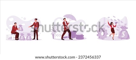 Economic difficulties and borrowing money from other entrepreneurs. Economic protection. Success in business. Save Money concept. Set Trend Modern vector flat illustration