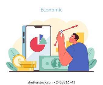 Dimensión económica del análisis de PEST. Emprendedor analizando tendencias financieras con gráfico circular. Factores económicos en la planificación empresarial. Ilustración vectorial plana.