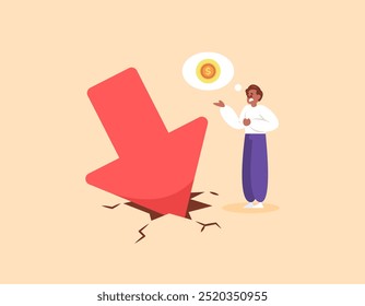 economic downfall and recession concept. bankrupt and failure. financial crash. financial problems. illustration of a businessman beside an arrow symbol stuck in the ground. flat style design. element