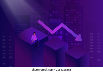 Economic downturn, bitcoin crash concept. Falling down arrow financial crisis concept. Businessman analyzing stock market investment crisis vector illustration