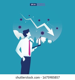 Economic downturn caused by a Coronavirus pandemic or COVID-19 concept. Businessman faces an economic crisis which is marked by arrow symbol. Vector illustration