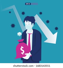 Economic downturn caused by a Coronavirus pandemic or COVID-19 concept. Businessman faces an economic crisis which is marked by arrow symbol. Vector illustration