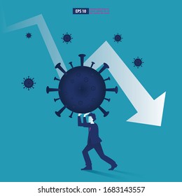 Recessão econômica causada por uma pandemia de Coronavírus ou conceito de COVID-19. Empresário enfrenta uma crise econômica marcada pelo símbolo de seta. Ilustração vetorial