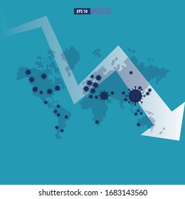 Economic downturn caused by a Coronavirus pandemic or COVID-19 concept. Businessman faces an economic crisis which is marked by arrow symbol. Vector illustration