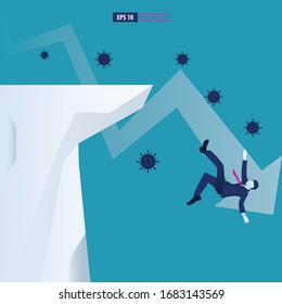 Economic downturn caused by a Coronavirus pandemic or COVID-19 concept. Businessman faces an economic crisis which is marked by arrow symbol. Vector illustration