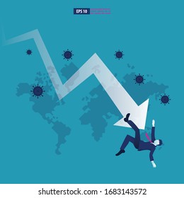 Economic downturn caused by a Coronavirus pandemic or COVID-19 concept. Businessman faces an economic crisis which is marked by arrow symbol. Vector illustration