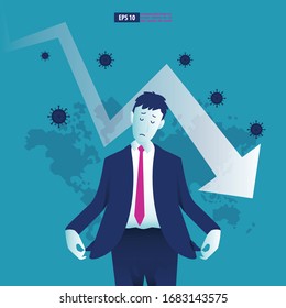 Economic downturn caused by a Coronavirus pandemic or COVID-19 concept. Businessman faces an economic crisis which is marked by arrow symbol. Vector illustration