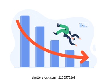 Economic downturn concept. The stock market fell down, prices drop, and investing failures or mistakes. A businessman slips on a stock market graph and falls down. Vector flat illustration.