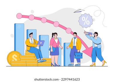 Economic downturn, crisis, profit and loss, business and finance concept with business people character. Outline design style minimal vector illustration for landing page, web banner, infographics.