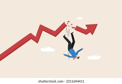 Desaceleración económica. Impacto de la crisis económica y financiera.  gráfico que cae hacia abajo. 
colapso financiero. Empresario cayendo del gráfico rojo.