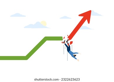 Economic downturn. The impact of the economic and financial crisis. falling chart. financial collapse. Businessman falls off broken green chart chart and turns red. flat vector illustration.