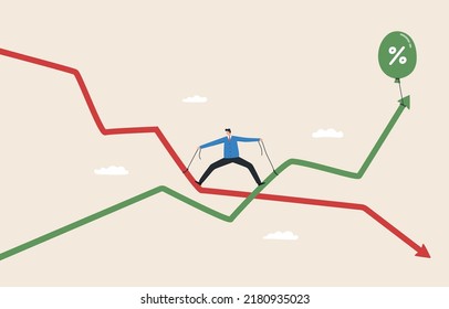 Economic downturn and Inflation. slowing or worse as inflation rises. stock market slump. 
World economy recession. Businessman tries to pull the graph up with a rope.